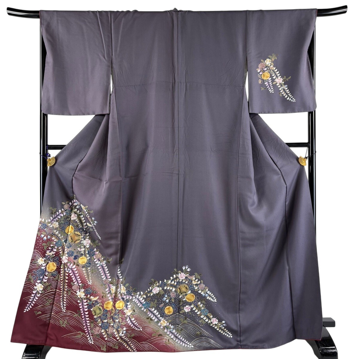 訪問着 身丈170cm 裄丈68cm L 袷 草花 波 金銀彩 ぼかし 灰紫 正絹 秀品 【中古】