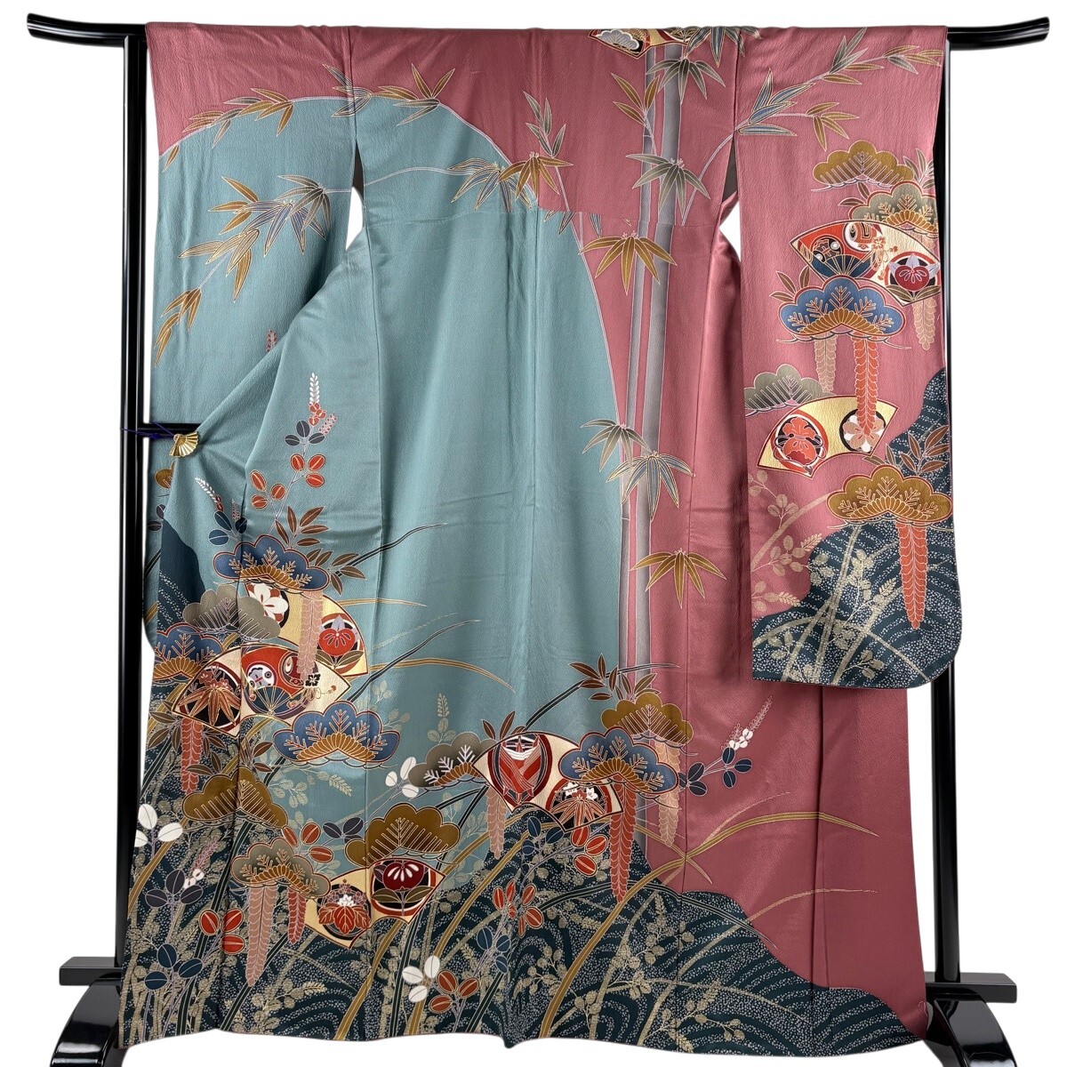 振袖 身丈167cm 裄丈64.5cm M 袷 松竹梅 扇 金糸 金彩 青灰色 正絹 秀品 【中古】