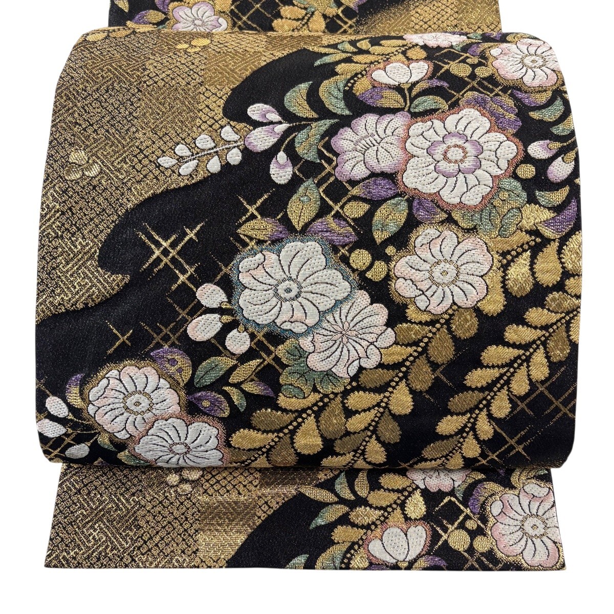 【美品】 袋帯 秀品 やまと 桜 葉柄 金糸 箔 黒 六通 正絹 【中古】