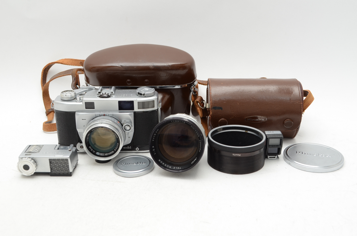 CHIYODA Minolta Super A SUPER ROKKOR 1.8 /5cm TELE ROKKOR 3.8/10cm w/Minolta-meter,cases,finder,hood