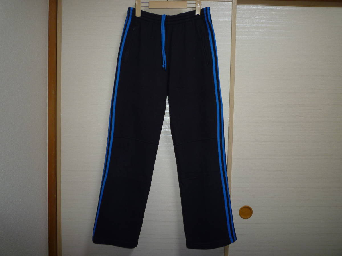 アディダス 裏起毛スウェットジャージパンツ黒×青 Oサイズ