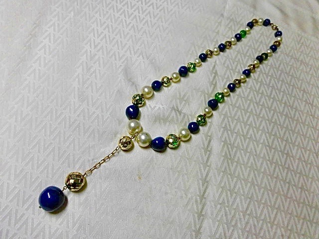 ●USA製/アンティーク ネックレス/50年代もの/青緑石ジャスパー/パール/ロングネックレス