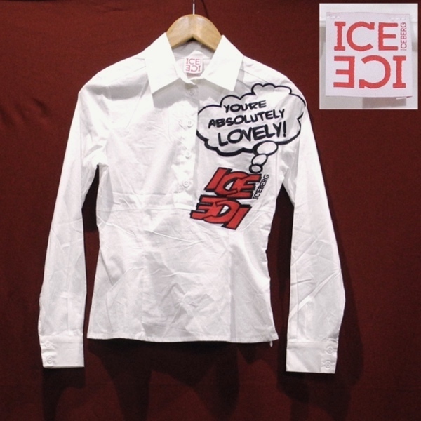 ICEBERG アイスバーグ イタリア製 デザイン ロゴ プルオーバー ドレスシャツ 長袖シャツ カットソー レディース 白 XS ～S 美品