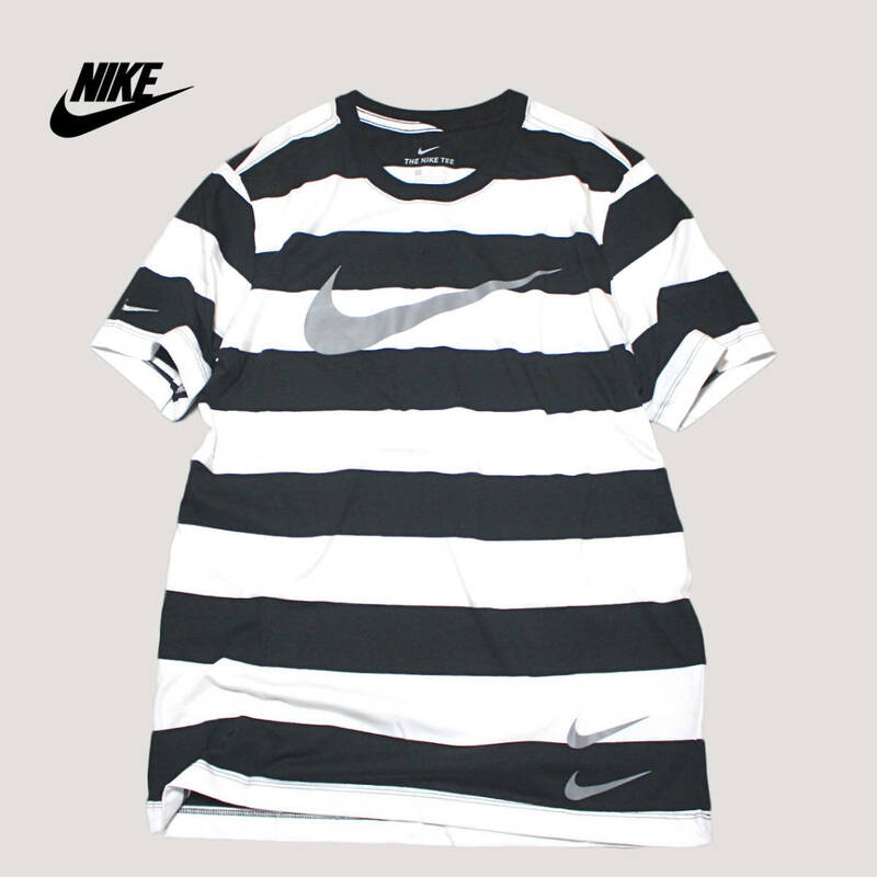 【新品】ナイキ スウッシュ ストライプ 半袖 Tシャツ【100：白／黒】M NIKE NSW トレ ジム コットン T ボーダー 自宅 部屋着