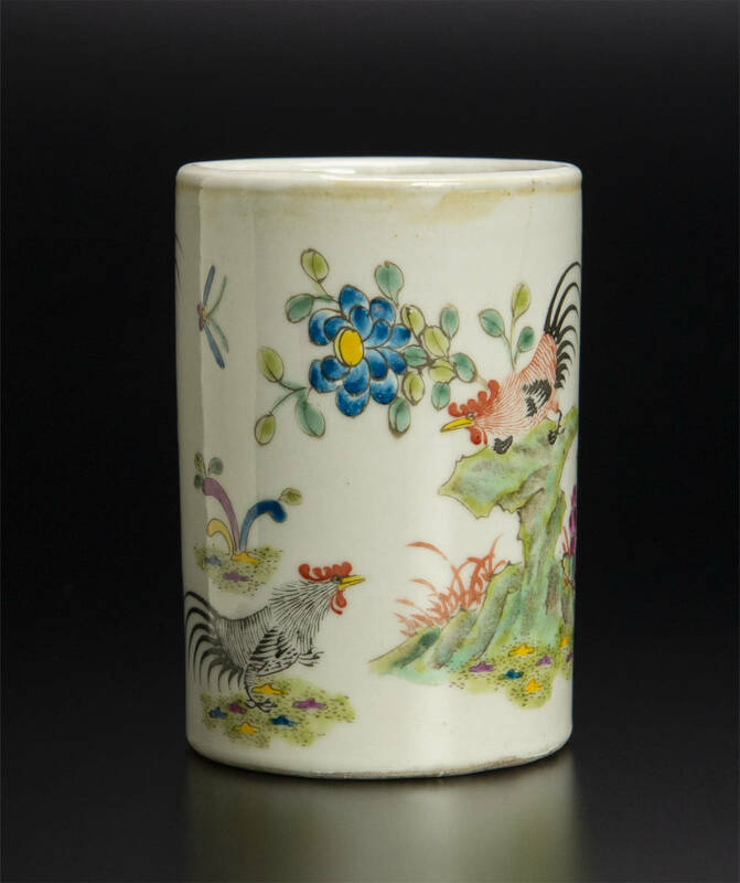 清 粉彩鶏紋筆筒 同治年制款 中国 古美術