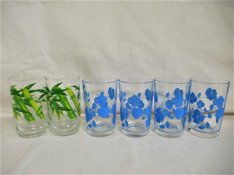 ■昭和レトロ■グラス6個セット　アデリア含む　竹/花柄　ガラスコップ　タンブラー　レトロポップ
