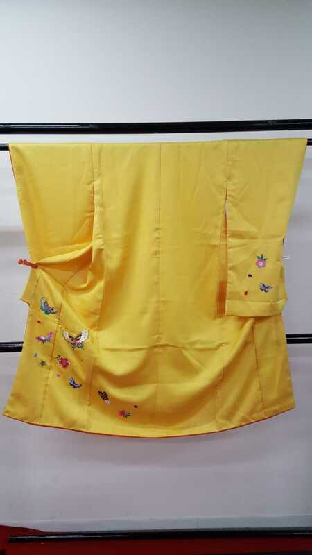 【加917】七五三　3歳用　三才 和装 子供着物 式典　記念　撮影　黄色　蝶々　刺繍　210428