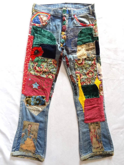 ビンテージ スペシャル 70S ヒッピー アート ハンドメイド カスタム パッチワーク ベルボトム パンツ フレア ブーツカット 再構築 リメイク