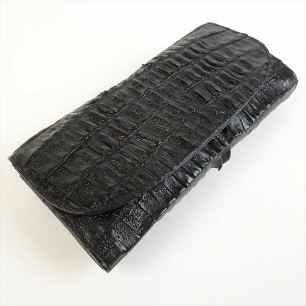 カイマンレザー 高級 長財布 新品 フラップ式 黒 ブラック 外ポケット 多機能 メンズ リアルレザー ワニ革 カードケース お財布バッグ 3925
