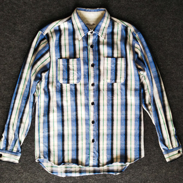 check & stripe 日本製 長袖シャツ Mサイズ 白系 ブルー系 厚手 チェックアンドストライプ メンズ コットン 胸ポケット