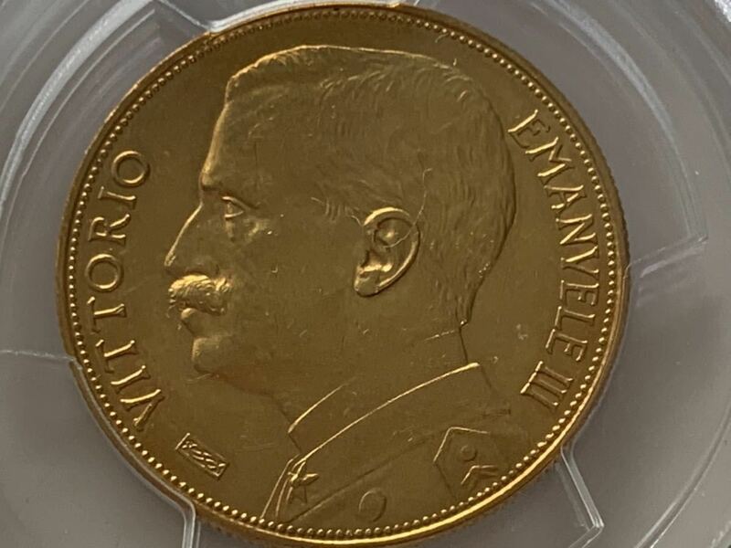 1912年 イタリア エマヌエレ3世 50リラ金貨 豊穣の女神（麦を刈る女神） PCGS AU58