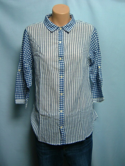 5A(8)　カリネ（CALINER）サイズM　白×ブルー　ストライプ＋チェック　7分袖シャツ（薄地透け感有り）