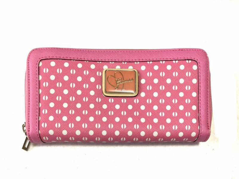 GUESS ゲス PVC xレザー ジャバラ型 二つ折り長財布 ピンク