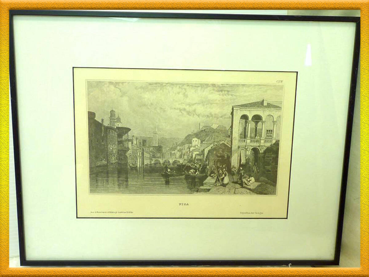PISA ARNO River places HOUSE leaning tower 1850 meyer アルフレーム 額装 額縁 壁掛け アート 美術 人気 木目調 ヨーロピアン風 美品⑥