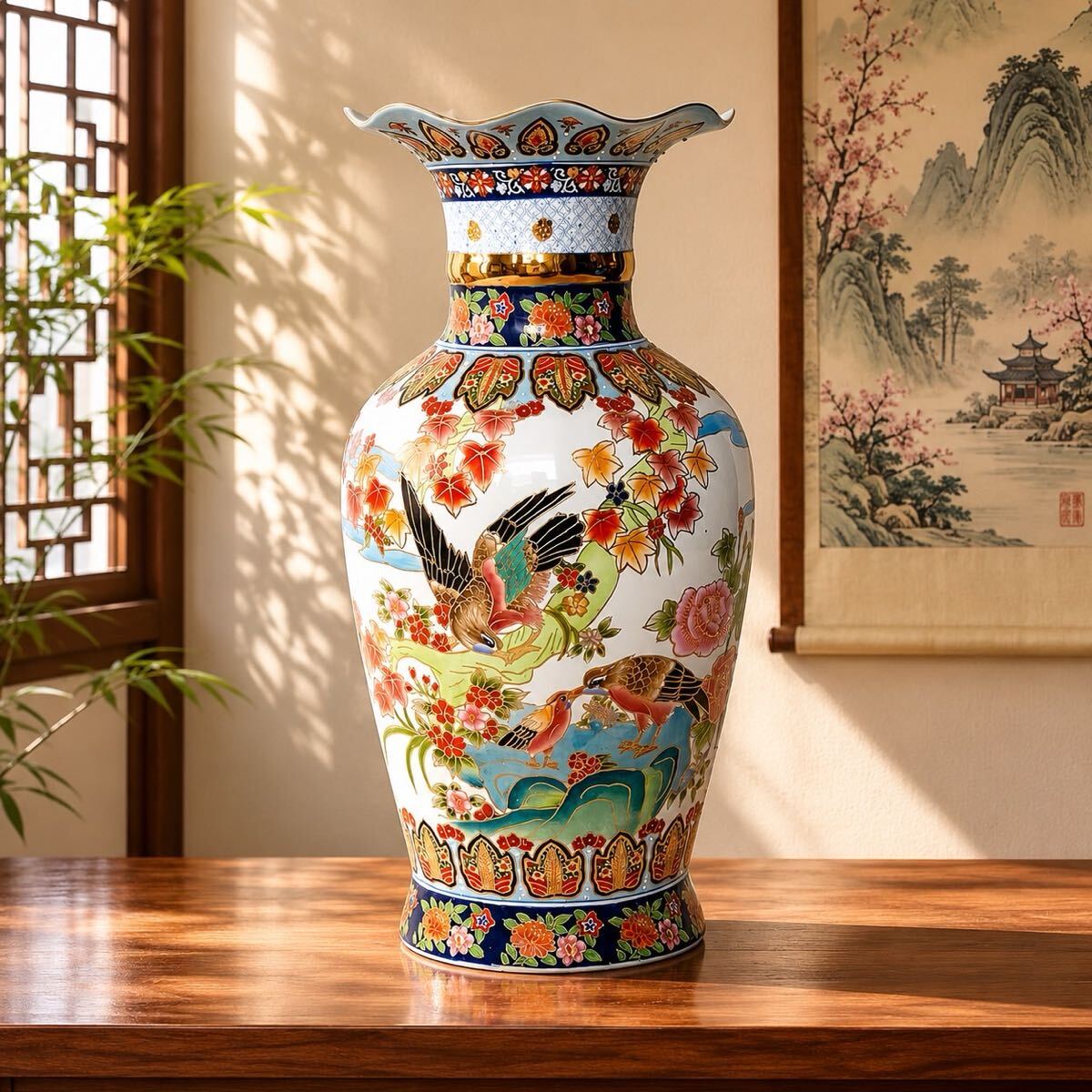 中国美術 ヴィンテージ 大型花瓶 高さ約58.5㎝ 金彩 花器 壺 古董品 花鳥図 中国製造 美術品 手描き