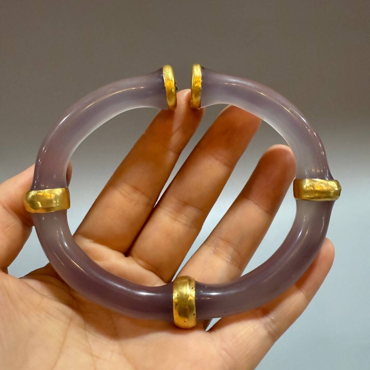 旧蔵 珍品 天然紫瑪瑙包金竹節腕輪 開口式瑪瑙ブレスレット 中国古美術 骨董コレクション 極細工 収蔵珍品 古美味 WY0513