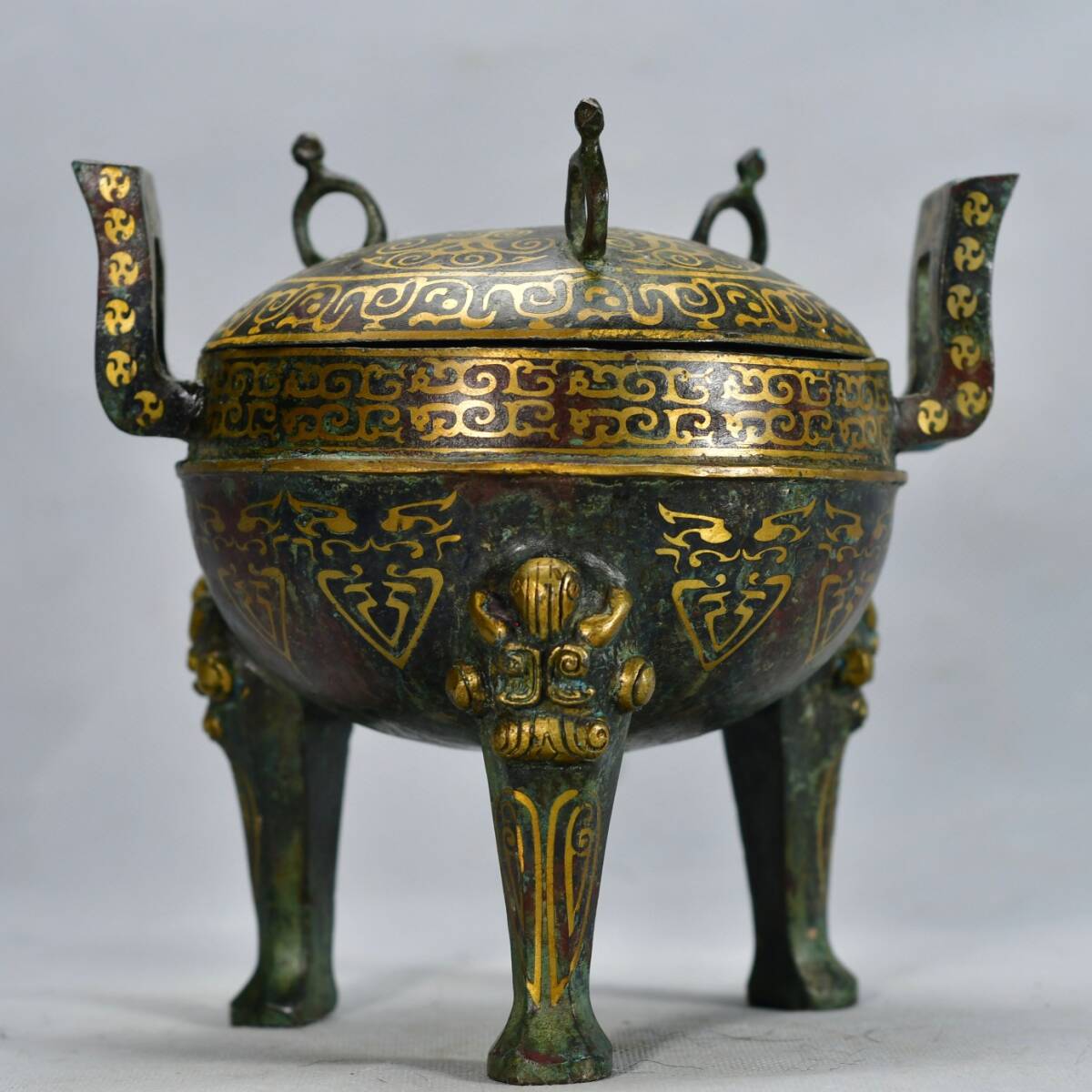 旧蔵 漢代 青銅錯金 三足鼎 古代礼器 青銅器 時代物 希少珍品 中国古美術 骨董品 極細工 WY0529