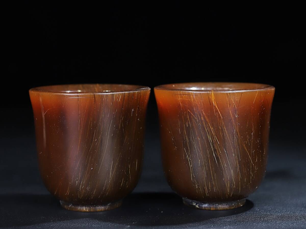 旧蔵 牛角細工 杯 一対 乾隆款 竹目・魚卵紋 再現 中国伝統工芸 中国古美術 收藏珍品 細密工芸 骨董品 WY0529