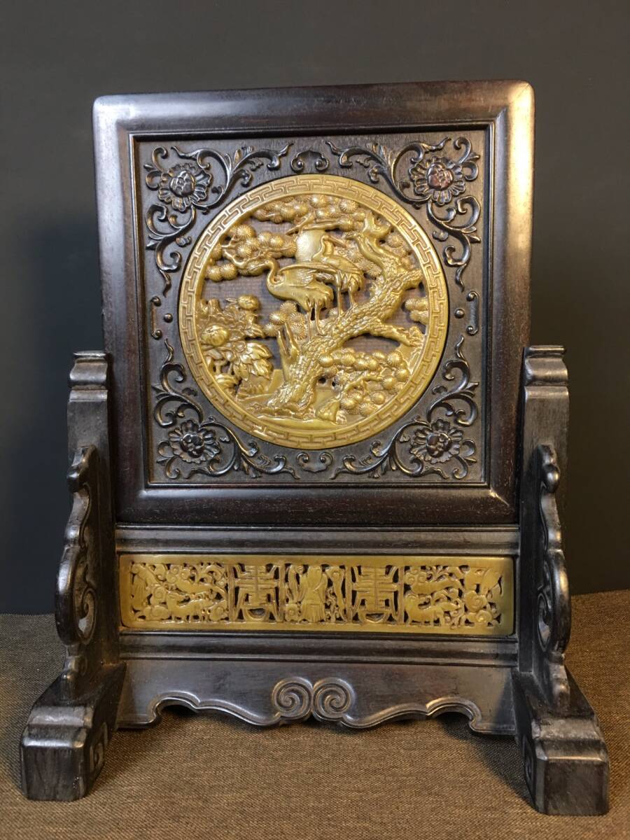 旧蔵 紫檀 玉象嵌 卓上屏風 松鶴延年図 伝統工芸品 中国古美術 收藏珍品 細密工芸 骨董品 WY0529