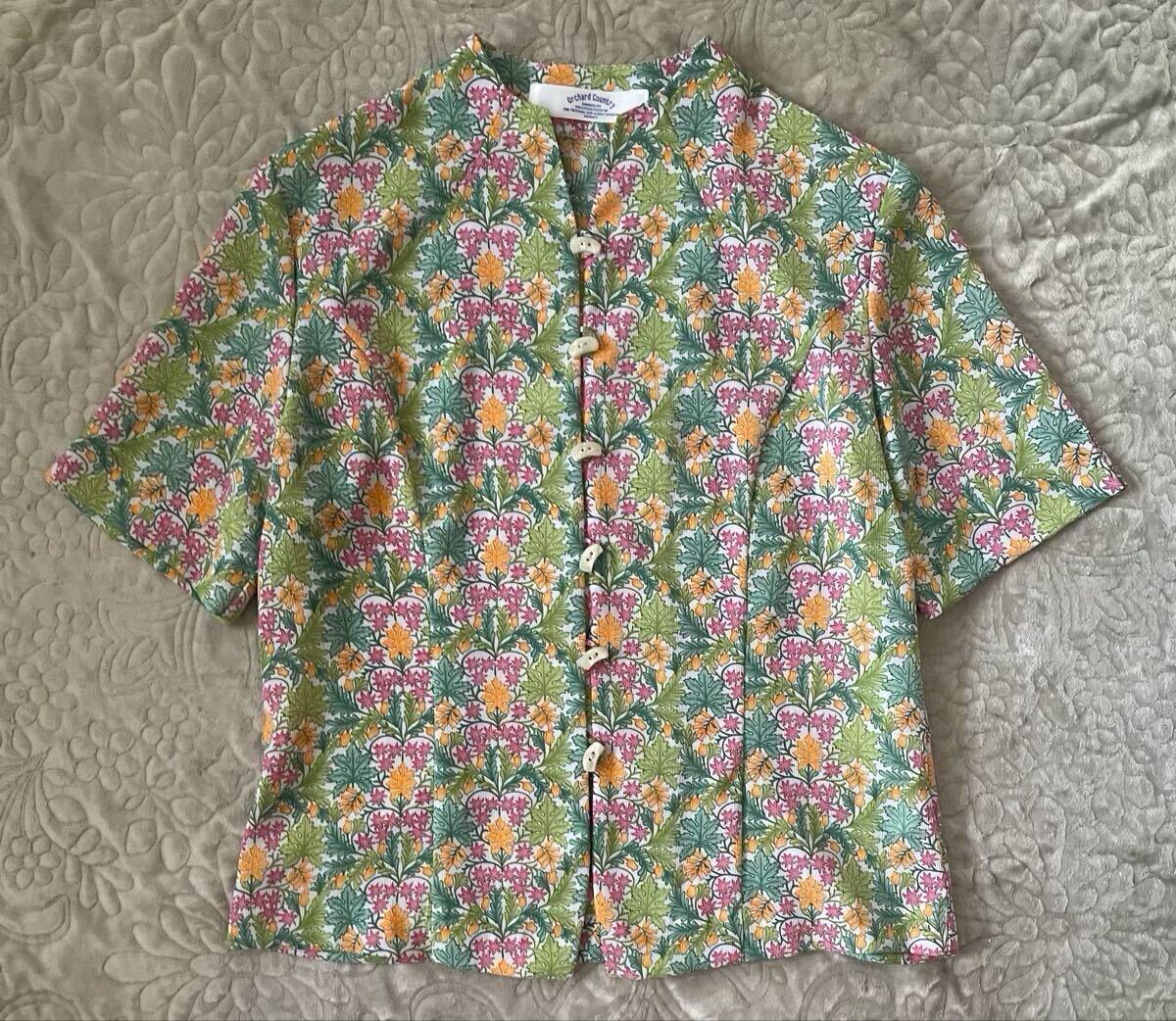 Orchard Country 花柄　ジャケット　ボトルネック V&A ピンク　オレンジ　緑　半袖　ポリエステル100% 皺加工　オーチャードカントリー　9R