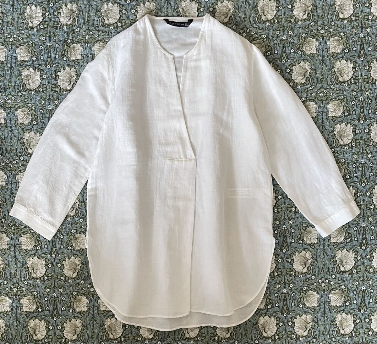 ZARA WOMAN 綿麻　チュニック キーネック　白　無地　リネン　コットン　ザラ　ウーマン　プルオーバー 長袖　M