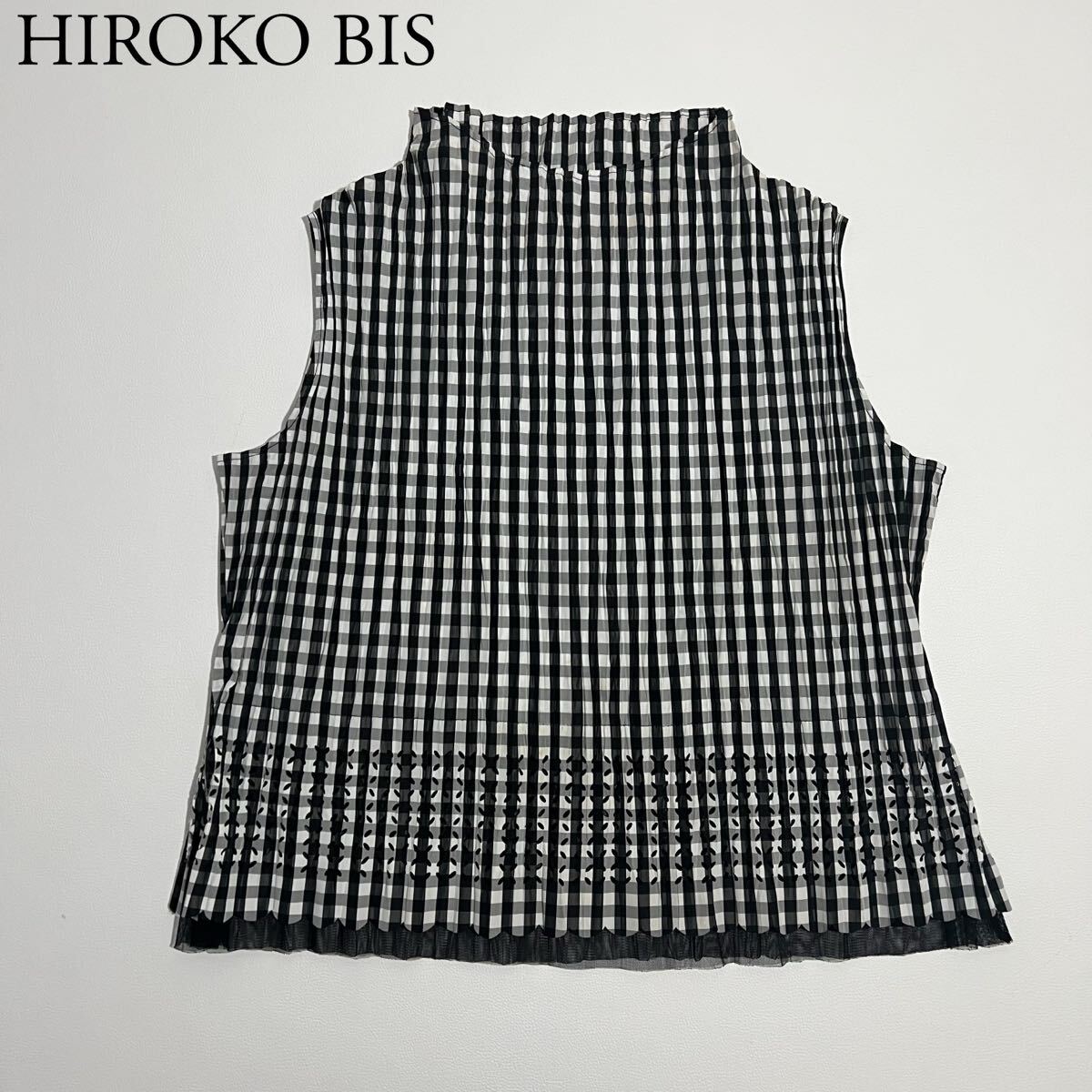 良品 HIROKO BIS ヒロコビス ノースリーブブラウス シワ加工　プリーツ チェック　ガーリー　裾チュール 13AB レディース