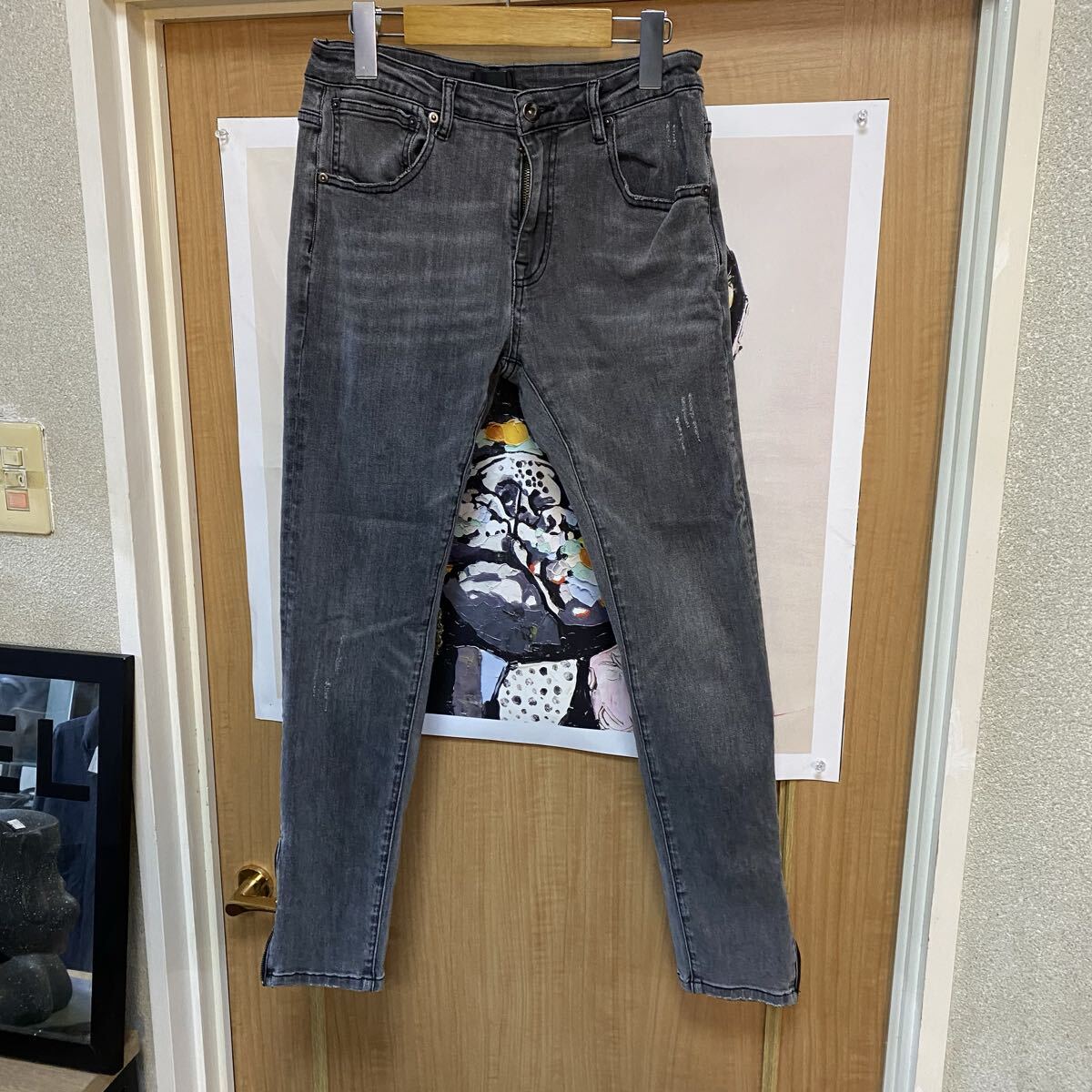 井111 FACTOTUM ファクトタム Stretch Denim Tapered Skinny Pants ストレッチ スキニーパンツ 裾ジップ グレー 44