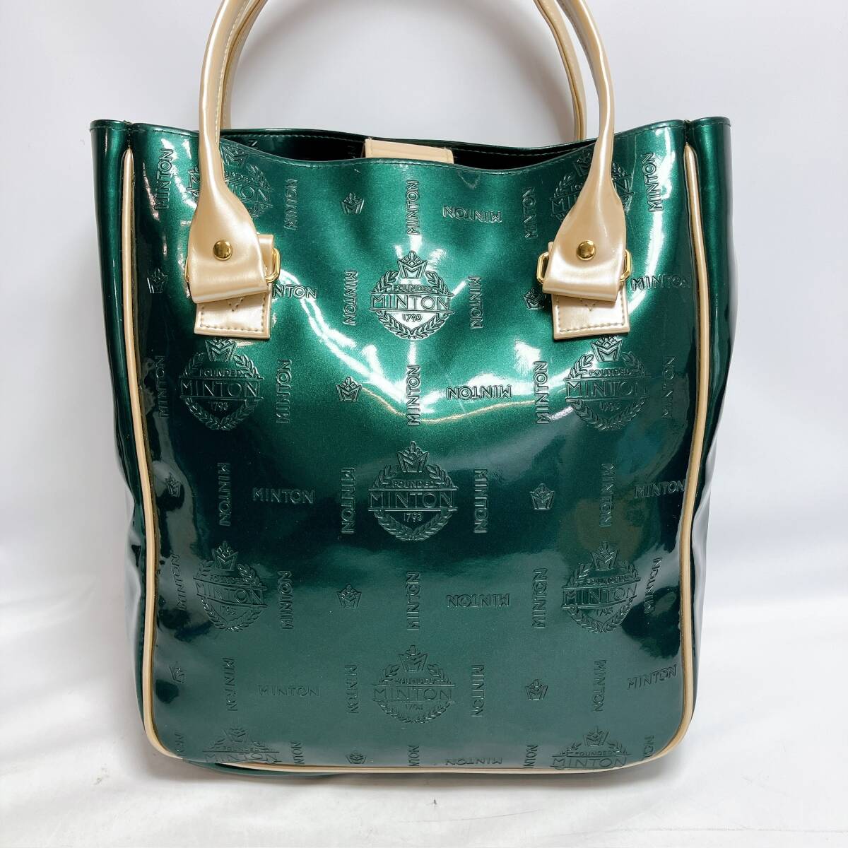 D1361◯ MINTON ミントン トートバッグ ハンドバッグ グリーン 緑 エナメル ベージュ PVC アイボリー ゴールド レディース 内ポケット