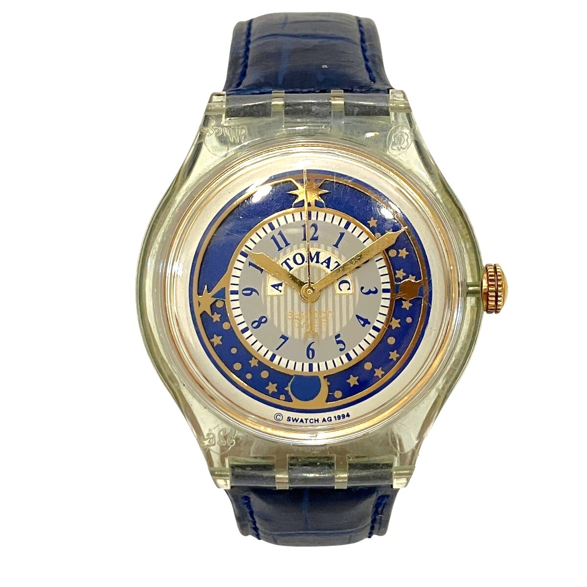 スウォッチ Swatch ミルヒシュトラーセ 腕時計 総重量約27.8g 樹脂 本革 自動巻き ホワイト×ネイビー×ゴールド文字盤 SAG402 中古☆0307