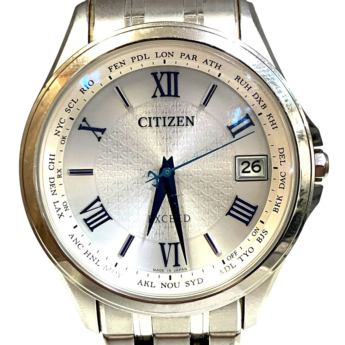シチズン CITIZEN エクシード 腕時計 総重量約65.6g SS SS 電波ソーラー シルバー文字盤 CB1080-52B 中古☆0327