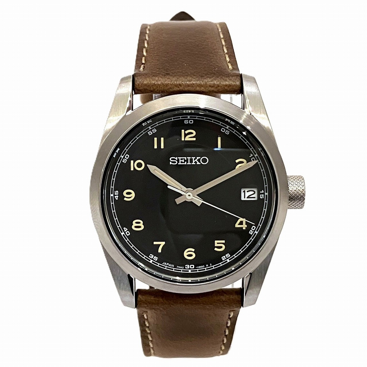 セイコー SEIKO 腕時計 総重量約47.8g SS 本革 クオーツ ブラック文字盤 7N42-HAP0 中古☆0307