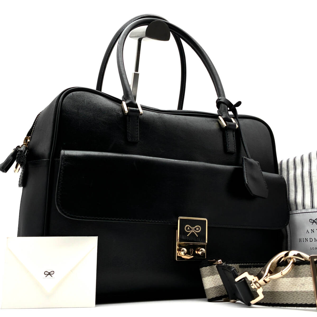 美品 ANYA HINDMARCH アニヤハインドマーチ カーカー 2way ボストンバッグ ハンドバッグ ショルダー レザー ブラック 黒 A4 自立