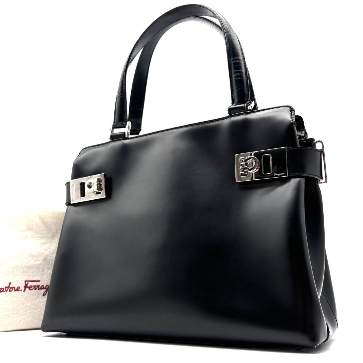 極美品 フェラガモ Salvatore Ferragamo ガンチーニ ハンドバッグ トートバッグ レザー ブラック 黒 シルバー金具 自立 鞄