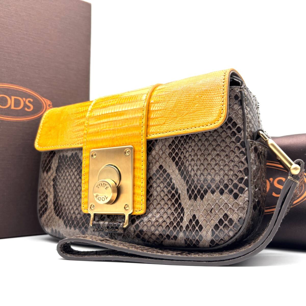 未使用保管品 TODS トッズ フロント金具 クラッチバッグ セカンドバッグ パイソン リザード グレー イエロー 蛇革 ゴールド金具 美品 鞄