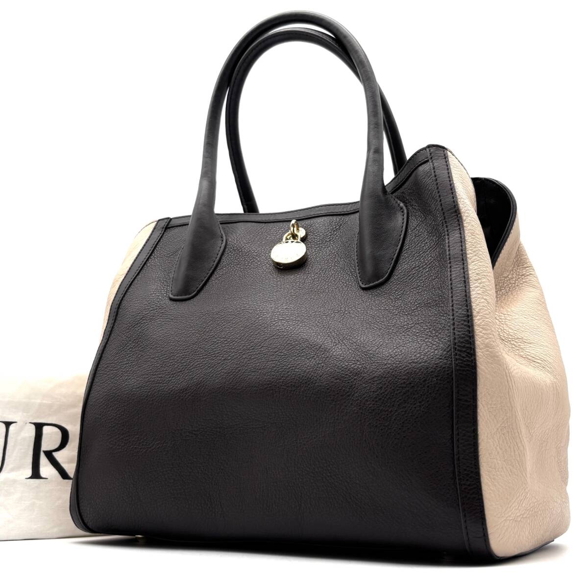 未使用に近い FURLA フルラ バイカラー チャーム トートバッグ ハンドバッグ レザー 黒 白 大容量 通勤 通学 カバン 鞄