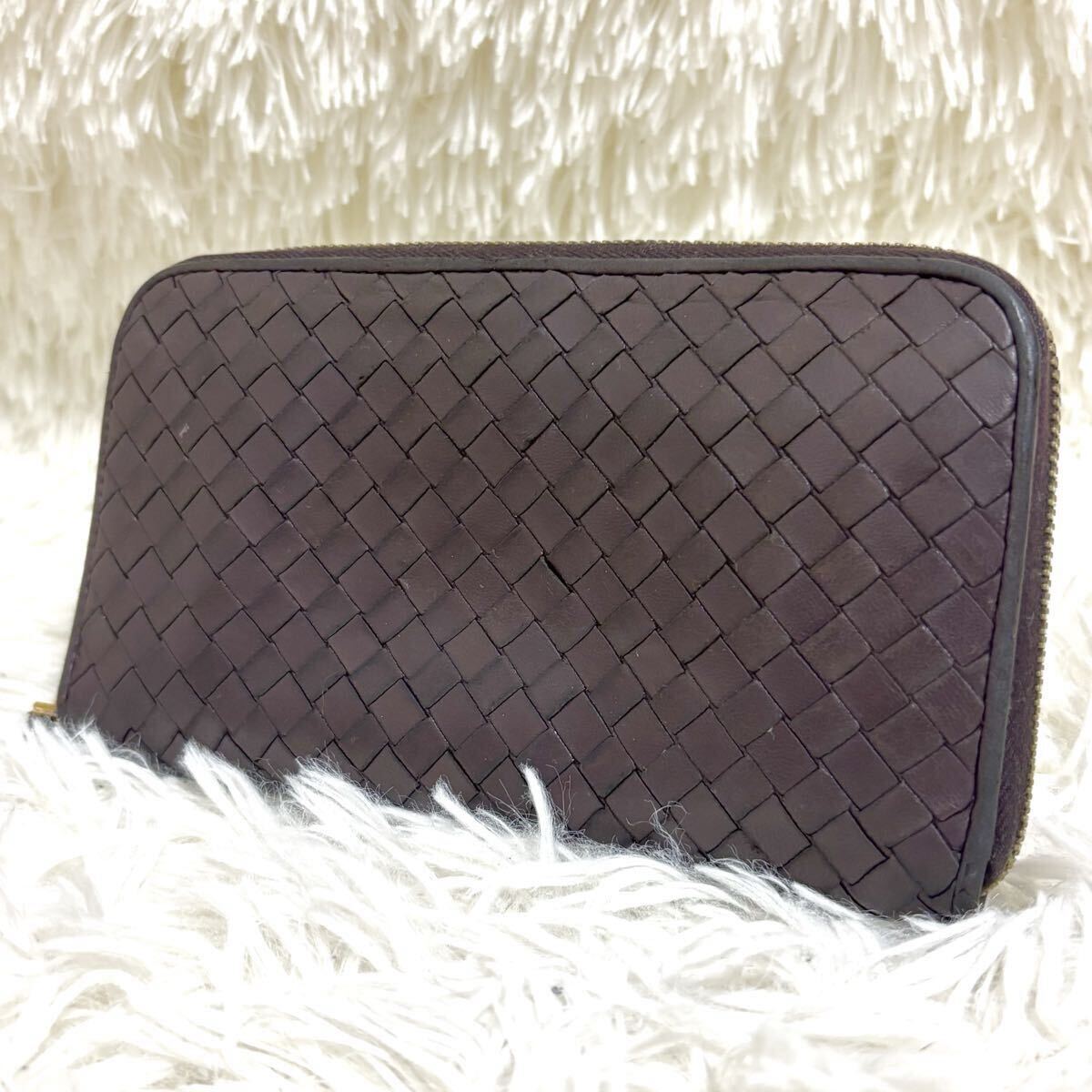 1円 BOTTEGA VENETA ボッテガヴェネタ イントレチャート 編み込み レザー ラウンドファスナー 長財布 ウォレット 札入れ ブラウン