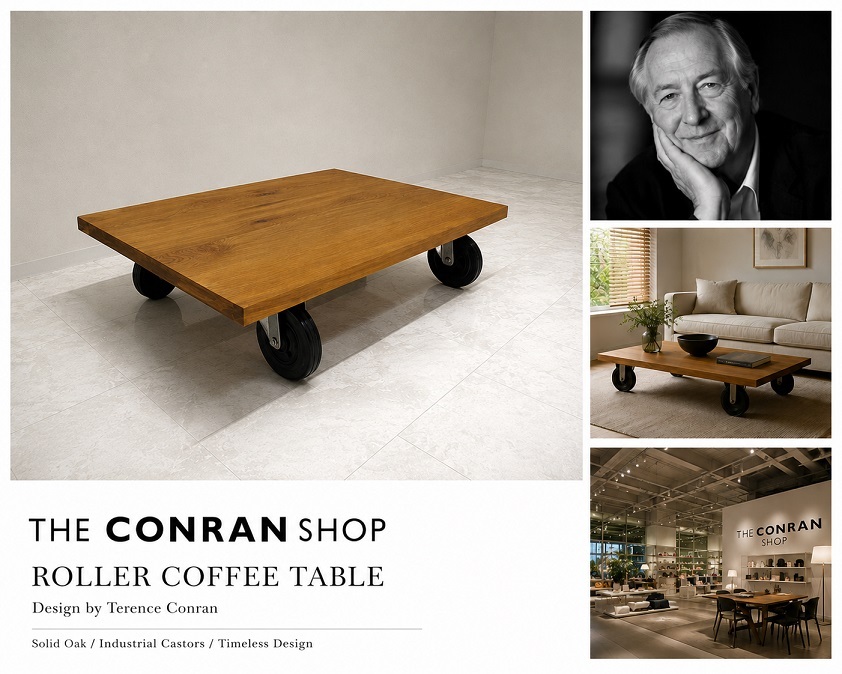 THE CONRAN SHOP「ROLLER COFFEE TABLE」テレンス・コンラン オーク無垢材ローテーブル W120cm インダストリアルセンターテーブル 約24万