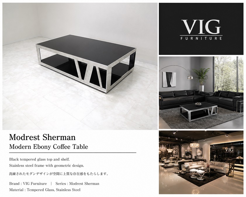 VIG Furniture Modrest Sherman VGHB216D ブラックガラス コーヒーテーブル W140cm モダン センターテーブル ステンレスフレーム