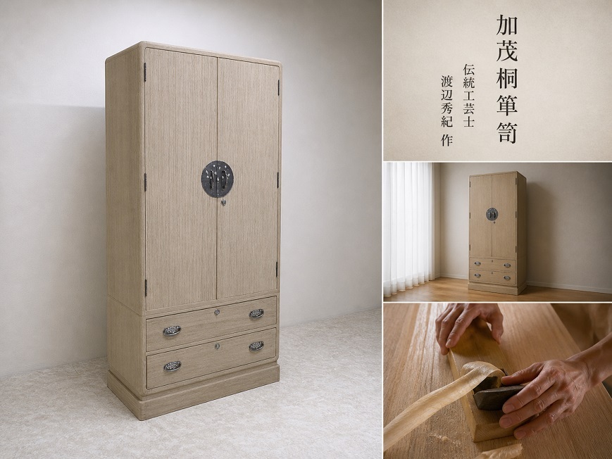 加茂桐箪笥 伝統工芸士 「渡辺秀紀」作 着物箪笥　角丸総盆 総桐 光保銘梅文金具 鍵付 和箪笥 帯箪笥　最高級桐箪笥