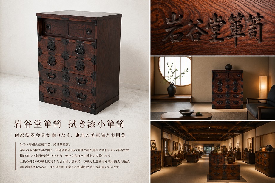 岩谷堂箪笥 拭き漆小箪笥 南部鉄器金具 民芸家具 和モダン 伝統工芸 時代家具 和家具 整理箪笥 チェスト