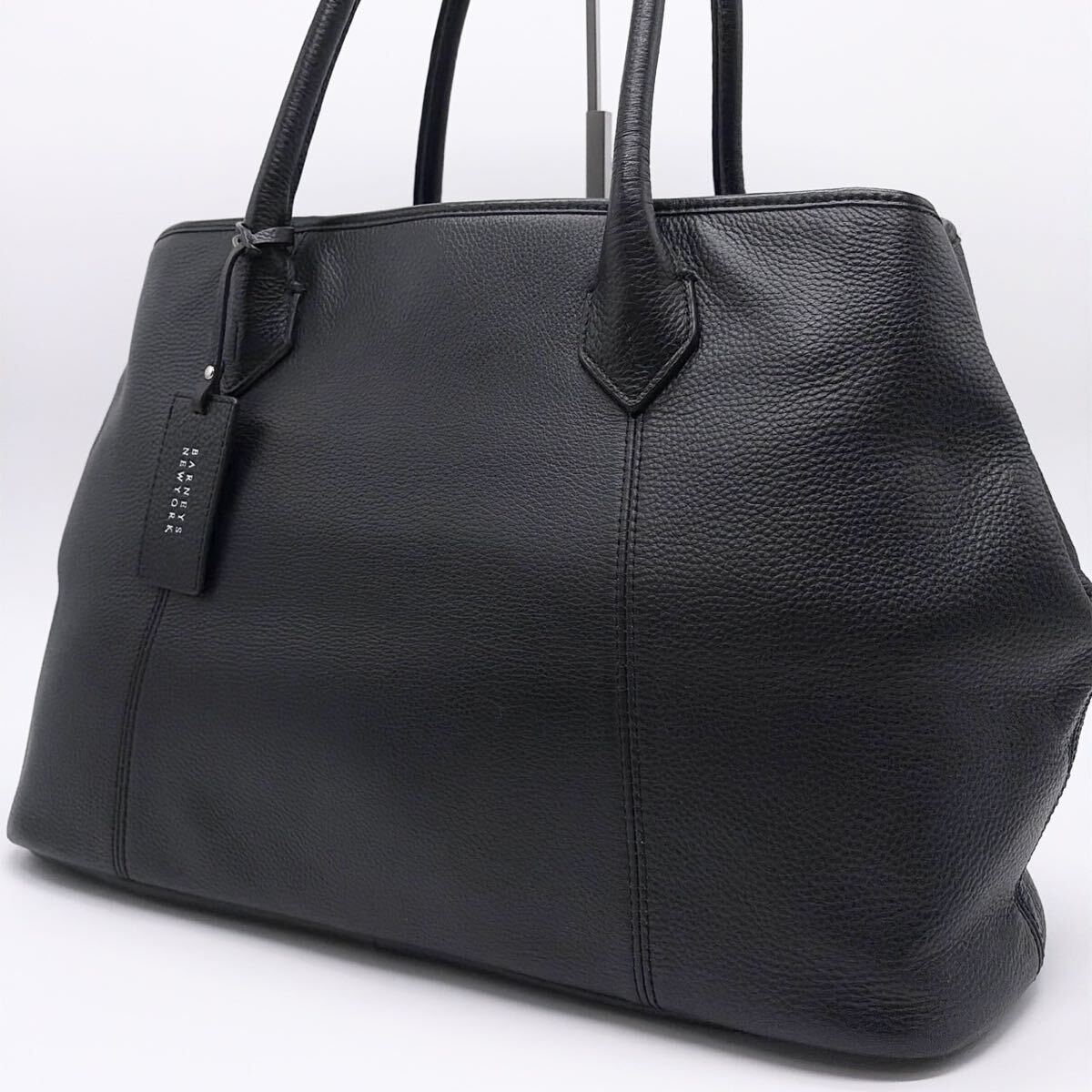 極美品●大容量●BARNEYS NEWYORK バーニーズニューヨーク オールレザー 肩掛け A4収納 トートバッグ ビジネス ブラック 黒 シボ革 メンズ