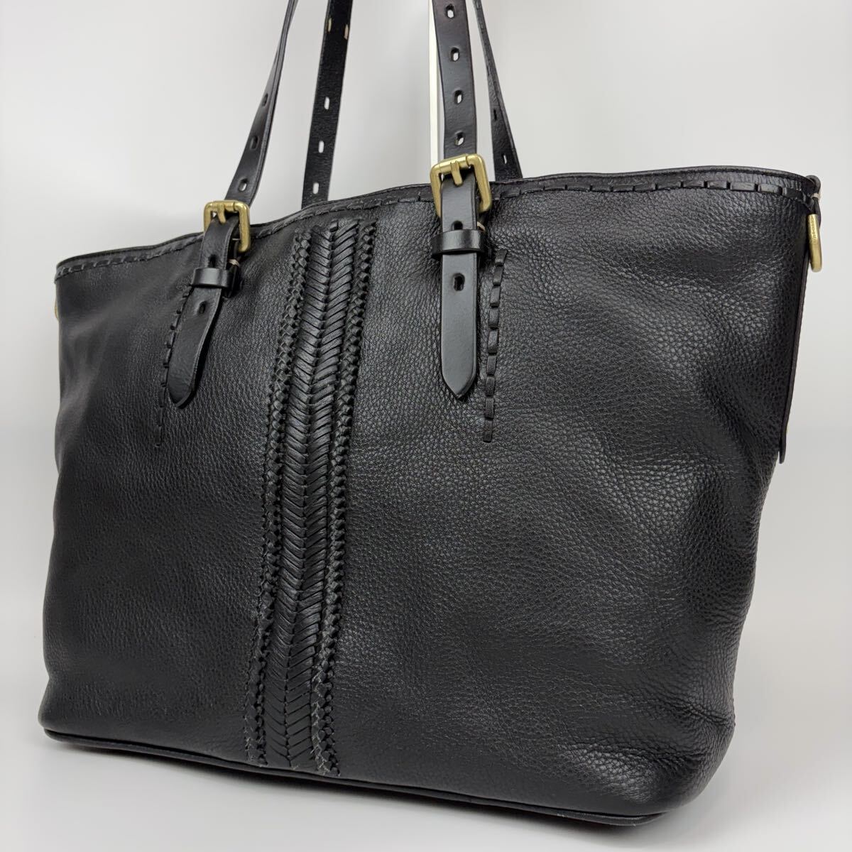 極美品●大容量●COLE HAAN コールハーン レザー 編み込み 肩掛け A4収納 トートバッグ ビジネス ロゴ シボ革 ブラック 黒 多収納 メンズ