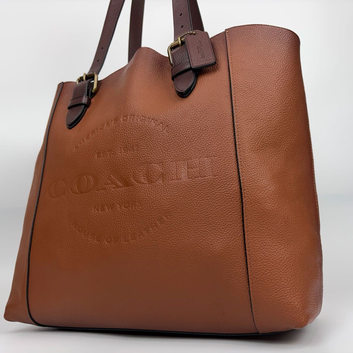 未使用●希少色●COACH コーチ ハドソン レザー エンボスロゴ 肩掛け A4収納 トートバッグ ビジネス シボ革 オレンジ ブラウン 茶系 メンズ