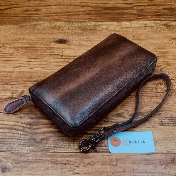 カーフレザー メンズ 財布 長財布 男性 ラウンドファスナー 新品 送料無料 財布 1円 本革 フルベジタブルタンニンしレザー ダークブラウン