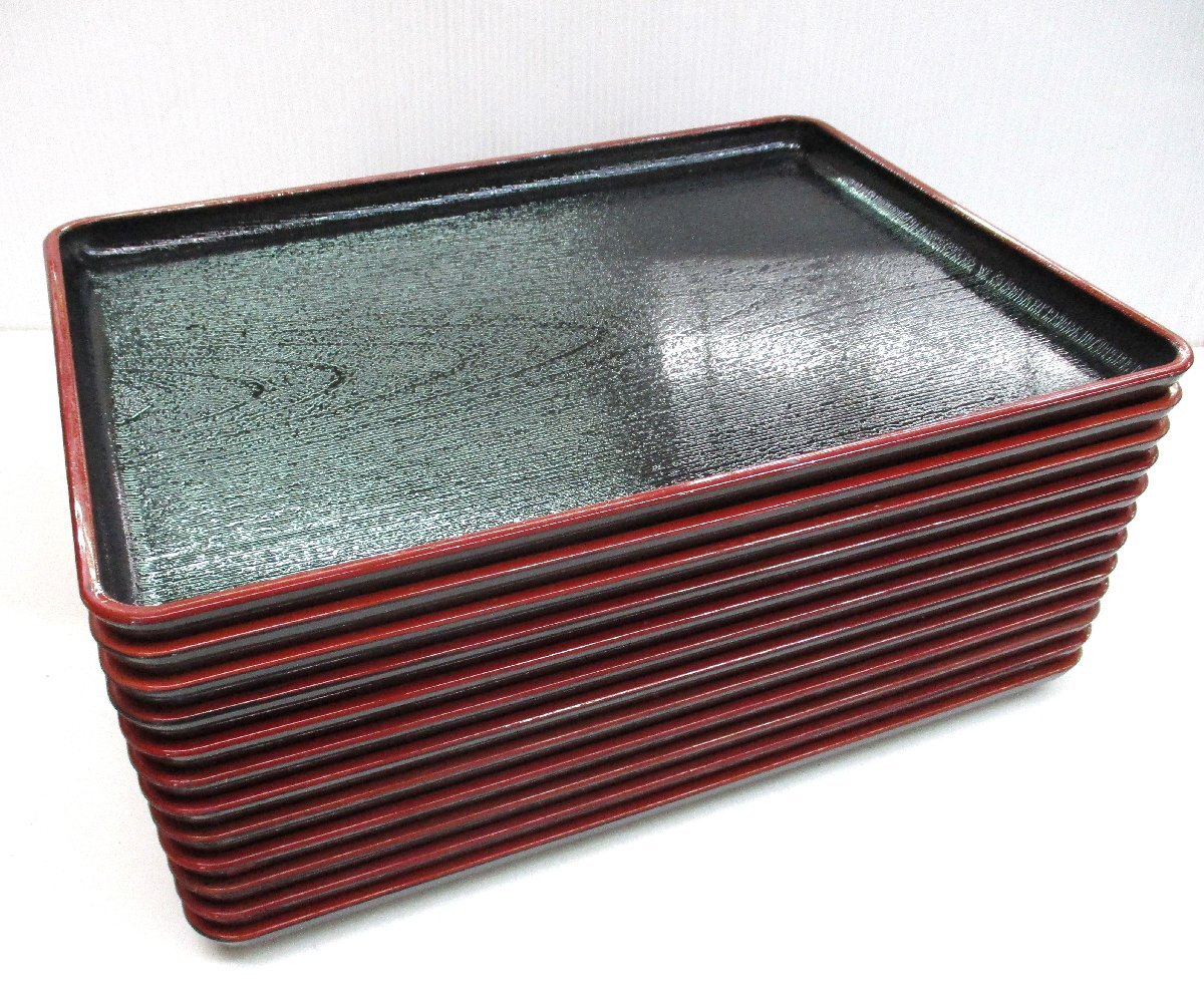 お盆 木目 黒天朱 尺2 12枚 幅35.8ｘ奥行26.5ｘ高さ2cm 裏キズ有 中古 103629 ☆