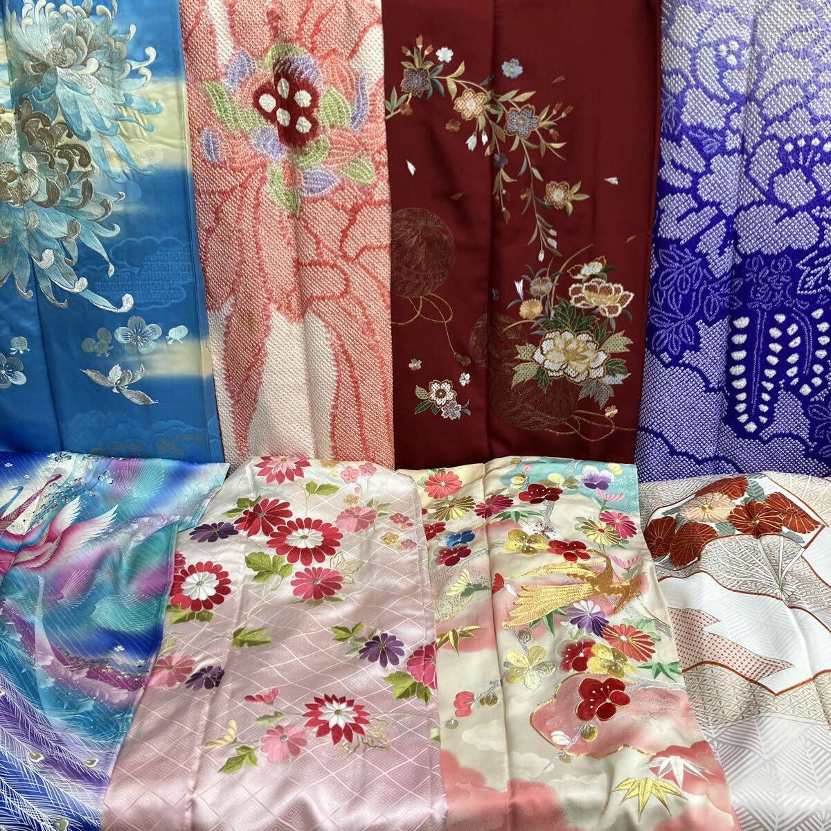 一右衛門No.1077 振袖　8枚まとめ売り 正絹着物 京友禅 刺繍 金駒刺繍 金彩友禅 昭和レトロ 総絞り　大量まとめ売り大処分　