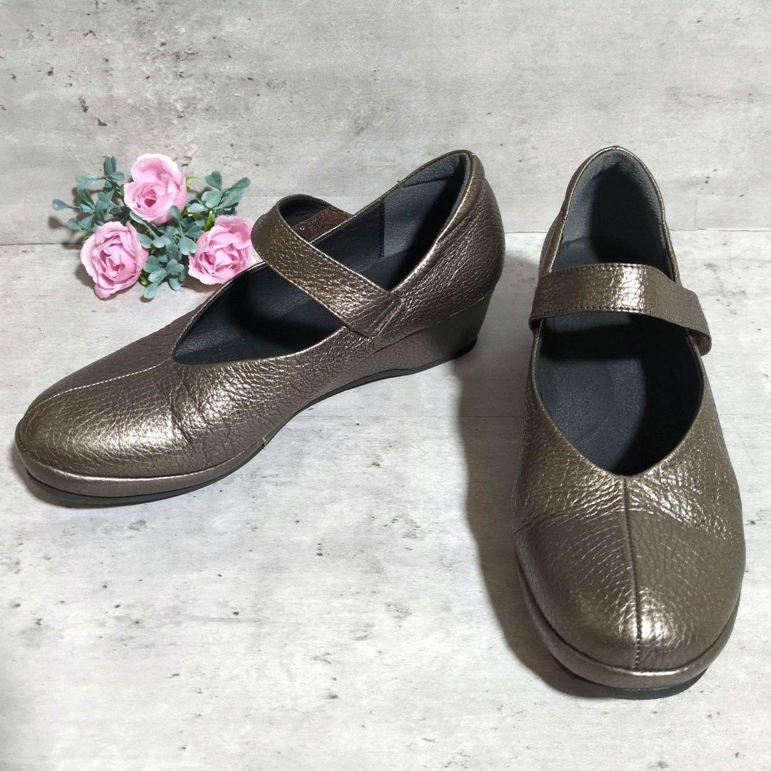 【arui_toe (アルイトウ)】コンフォートパンプス/メリージェーン/ストラップ/軽量/ウェッジソール/厚底/外反母趾/日本製/健康/25cm/幅広4E