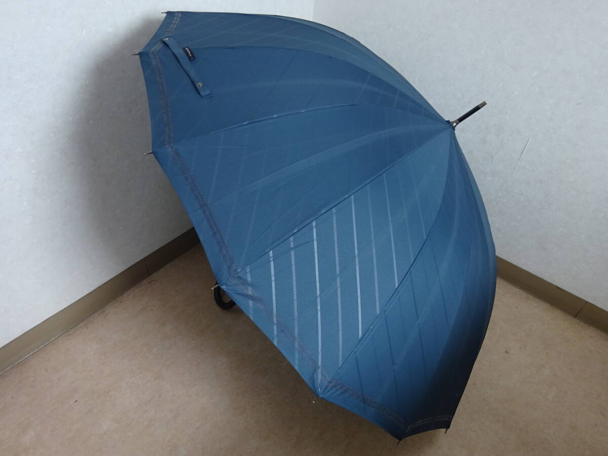(EEA-324) mabu マブ　16本骨組　ジャンプ傘　長傘　雨傘　ストライプ　ボーダー　ネイビー　青　65㎝　中古