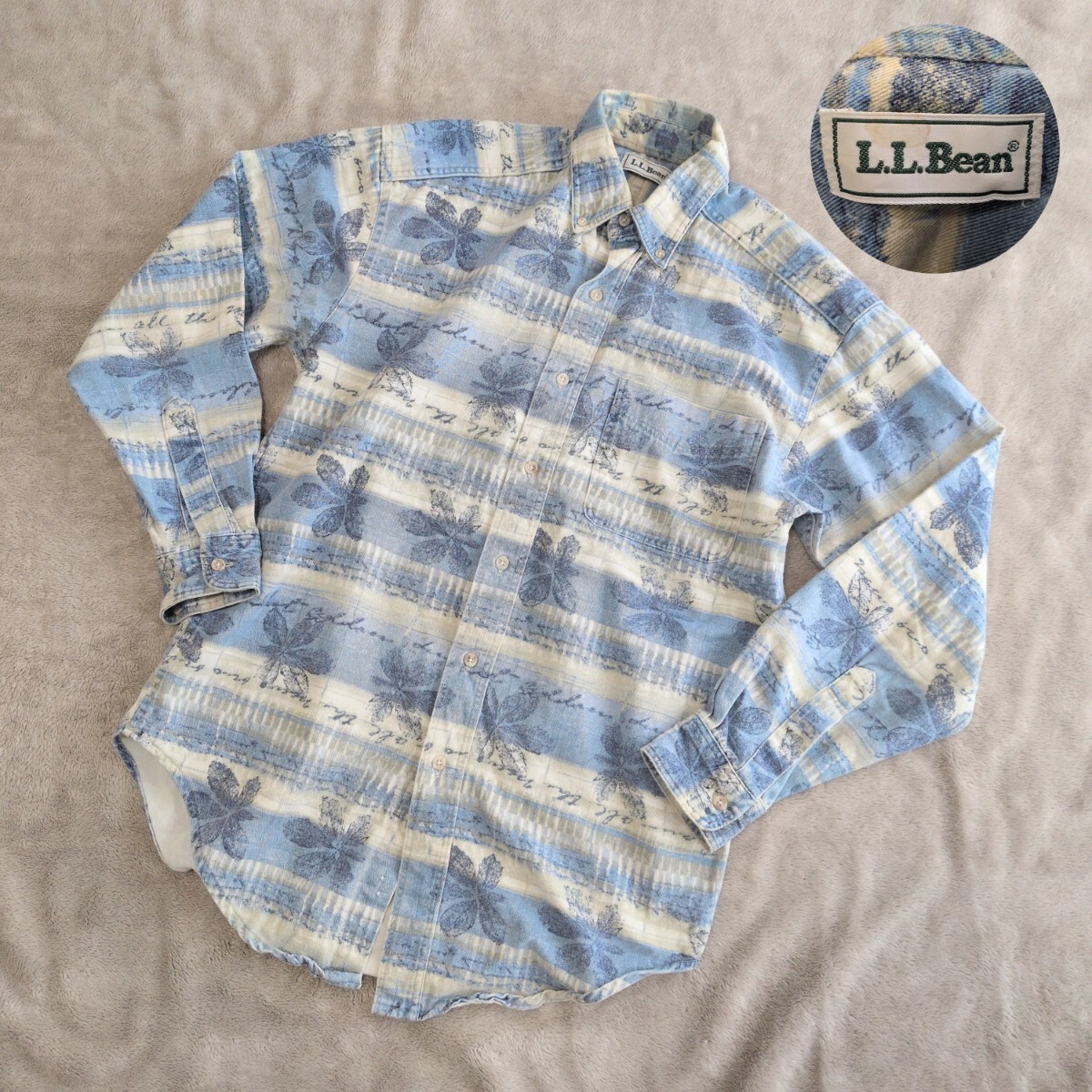 L.L.BEAN エルエルビーン 長袖シャツ USA製 リーフプリント 総柄 Sサイズ 綿100% ボタニカル 柄シャツ
