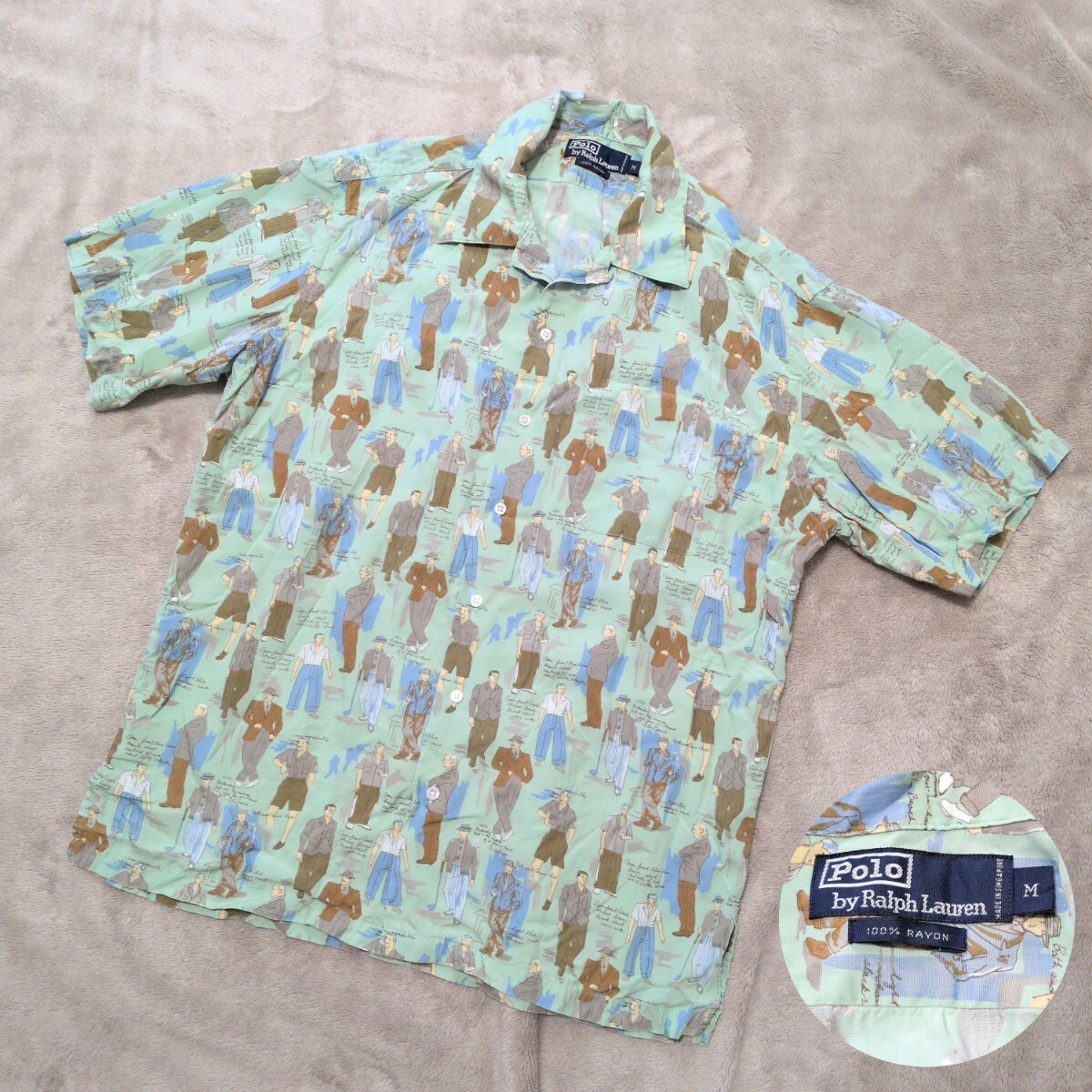 希少★Polo by Ralph Lauren ラルフローレン アロハシャツ 開襟 オープンカラー 総柄 old people 緑系 M レーヨン100% シンガポール製